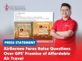 AirBorneo fares raise questions over GPS’ promise of affordable air travel George Lam, DAPSY Sarawak Secretary, says AirBorneo should introduce more affordable and flexible fares for Sarawakians and deliver on the Sarawak government's promise of lower airfares.