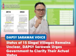 Status of 15 Singai villages remains unclear, DAPSY Sarawak urges Government to clarify their actual status Calvin Ohsey has urged the Sarawak Government to provide a clear and official explanation on the administrative status of 15 Singai villages and their position within the Bau District boundaries.