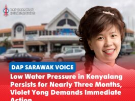 Low water pressure in Kenyalang persists for nearly three months, Violet Yong demands immediate action Violet Yong has called on Sarawak Water Sdn Bhd and the Sarawak Government to take immediate action to resolve the persistent low water pressure affecting residents and businesses in Kenyalang Park, the Kenyalang commercial area and Kenyalang Food Centre.