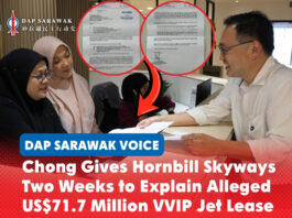 Chong gives Hornbill Skyways two weeks to explain alleged US$71.7 million VVIP jet lease Chong Chieng Jen personally delivered a formal letter to Hornbill Skyways Sdn Bhd seeking answers over an alleged US$71.7 million lease of a pre-owned Dassault Falcon 8X VVIP aircraft, with the company given two weeks to respond.