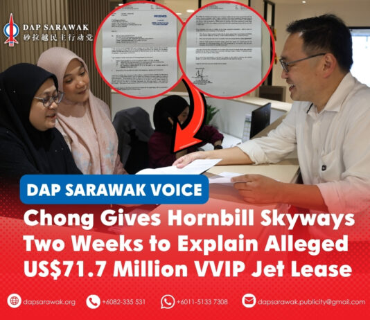 Chong gives Hornbill Skyways two weeks to explain alleged US$71.7 million VVIP jet lease Chong Chieng Jen personally delivered a formal letter to Hornbill Skyways Sdn Bhd seeking answers over an alleged US$71.7 million lease of a pre-owned Dassault Falcon 8X VVIP aircraft, with the company given two weeks to respond.
