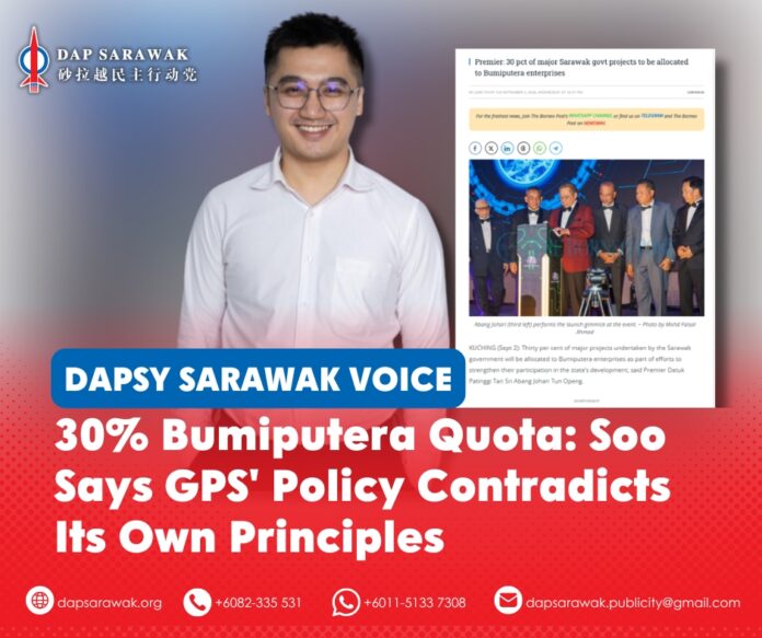 Jordan Soo says the 30% Bumiputera quota does not guarantee opportunities will reach contractors who genuinely need them, urging the Sarawak Government to support local SMEs of all races and ensure greater transparency in government contract awards.