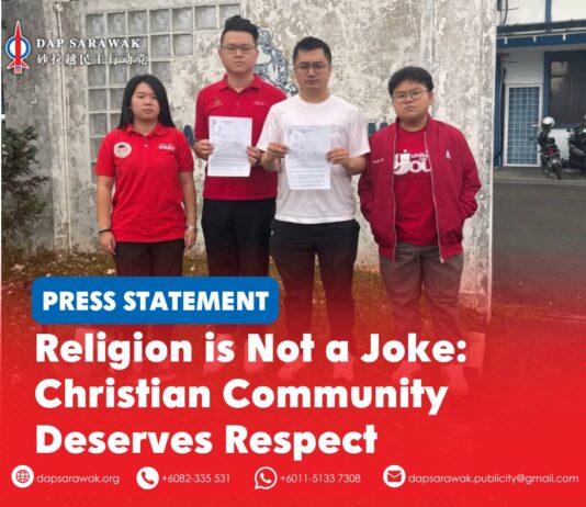 Religion is not a joke: Christian community deserves respect (From left to right) DAPSY Sarawak Treasurer Lesley Chong, Secretary George Lam, Deputy Chief Soo Tien Ren, and Publicity Secretary Daphne Chong lodged a report at the Sekama police station.
