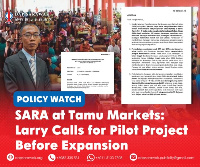 Senator Larry Asap calls for a six-month pilot project to expand SARA QR payments to tamu markets, benefiting grassroots hawkers and small traders.